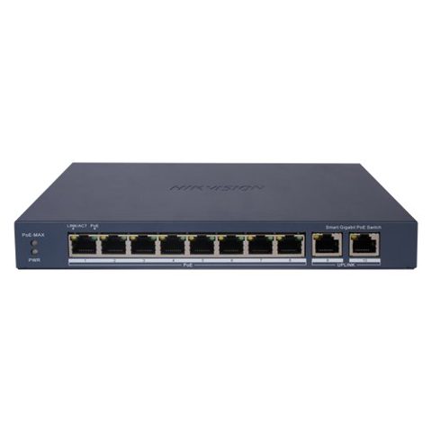 Switch 8 porturi PoE Gigabit Hikvision DS-3E1510P-EI, 2 porturi uplink Gigabit, Smart Management