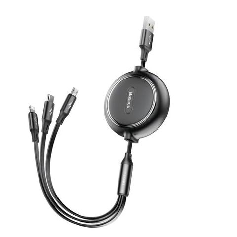 Cablu retractabil Baseus Golden Loop 3in1 USB - micro USB / tip lightning / USB-C 3.5A 35cm - 120cm negru (CAMLT-JH01)