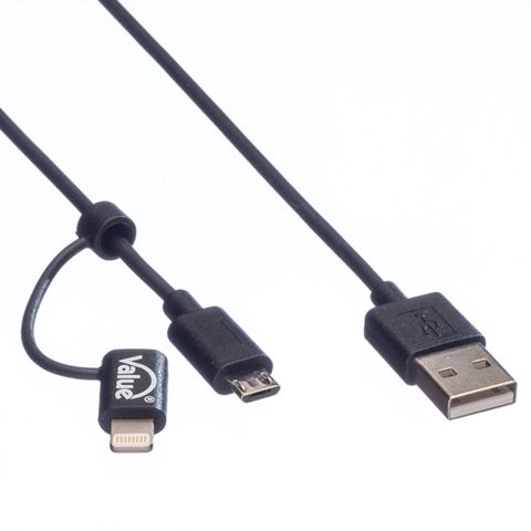 Cablu USB la micro USB-B + adaptor Lightning iPhone 5/6/7 MFI Negru 1m, Value 11.99.8325*