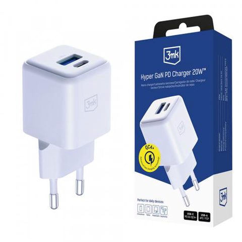 Incarcator retea 3MK Hyper, 20W, 1 x USB-A, 1 x USB-C (Alb)