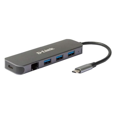 Hub extern D-LINK, porturi 3 x SuperSpeed USB 3.0, 1 x USB-C with data sync & power delivery up to 60W, 1 x RJ-45 Gigabit, conectare prin USB Type C, cablu 10 cm, metalic, Argintiu