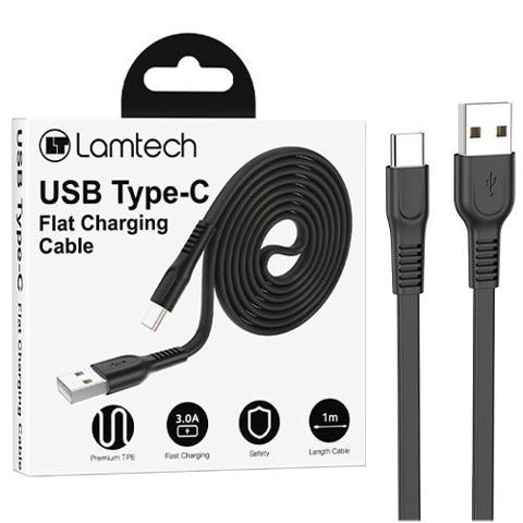 Cablu Date si Incarcare Lamtech, USB la Type-C, Plat, 3A, 1m, Negru