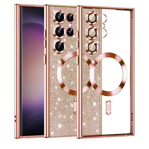 Husa MagSafe pentru Samsung Galaxy S23 Ultra S918, Techsuit, Luxury Glitter, Roz Aurie