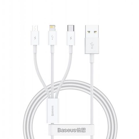 Cablu de date si incarcare Baseus Superior Series, USB-A - Lightning / microUSB / USB-C, 20W, 0.5m (Alb)
