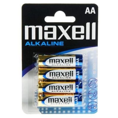 Baterii alcaline AA, R6, Maxell Alkaline, 1,5 V, blister 4 baterii