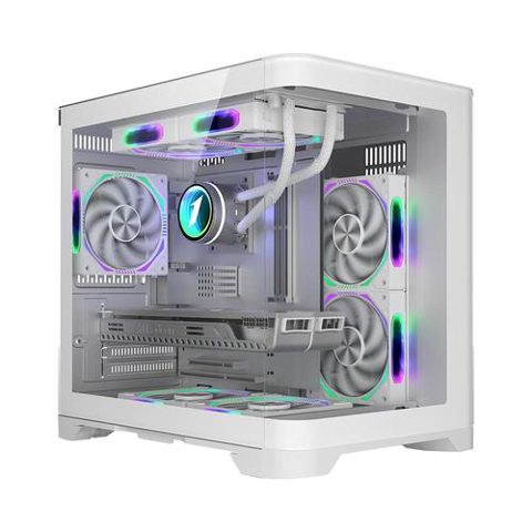 Carcasa 1STPLAYER UV5, Cube Tower, ARGB, Tempered Glass, Sloturi Expansiune 4 (Alb)