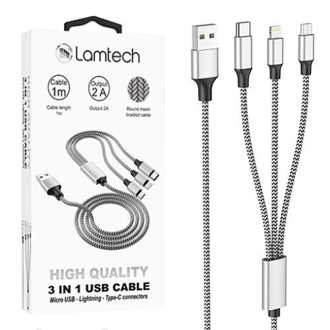 Cablu Date si Incarcare Lamtech, 3in1, USB la Type-C/Lightning/Micro USB, Invelis metalic, 2A, 1m, Argintiu