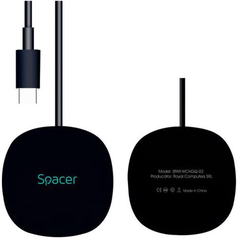 Alimentator wireless Spacer Quick Charge 15W Qi conector Type-C rol de stand prin prindere magnetica, Negru