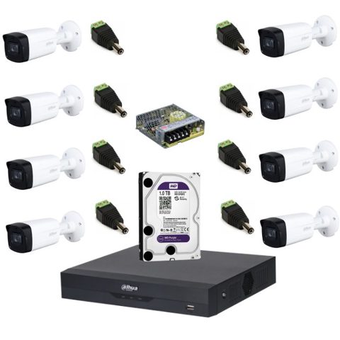 Sistem complet de supraveghere Dahua DH-8CEXT80M-5MPS HDCVI cu 8 camere de exterior de 5MP, IR 80m, Starlight, 16:9