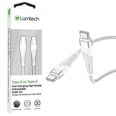 Cablu Date si Incarcare Lamtech, Type-C la Type-C, Incasabil, 1m, Alb
