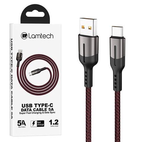 Cablu Date si Incarcare Lamtech, USB la Type-C, 5A, 1.2m, Negru/Rosu