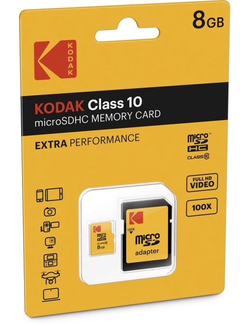 Card Memorie microSDHC Kodak Extra Performance, 8Gb, Clasa 10, Cu Adaptor EKMSDM8GHC10CK