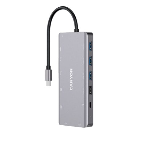 Docking Station Canyon CNS-TDS12 13 in 1, 2*HDMI, 3*USB3.0, 1*USB2.0, 1*PD 100W, 1*VGA, 1* USB Type C, 1*Glgabit Ethernet, 1*Jack 3.5mm audio (Gri)