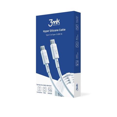 Cablu 3mk HyperSilicone, USB-C, 60W, 1m (Alb)