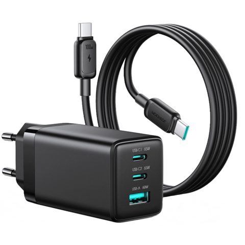 Incarcator Retea Cu Cablu USB-C Joyroom JR-TG10, 65W, 3.25A, 1 x USB-A - 2 x USB-C (Negru)