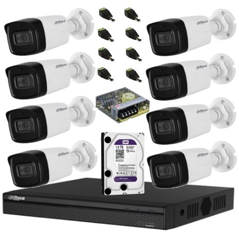 Sistem complet de supraveghere Dahua DH-8CEXT80MA-5MP HDCVI cu 8 camere de exterior de 5MP, 3.6mm, IR 80m, microfon