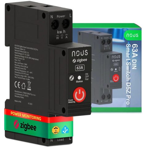 Siguranta Smart NOUS D5Z Pro, 32A Continuu, 63A Varf Scurt, Zigbee 3.0, 1 canal, Masurare Energie (W, kWh, V, A), montare pe sina DIN, Power Metering