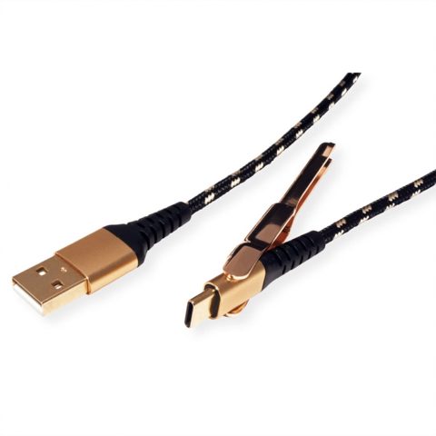 Cablu de date + incarcare GOLD USB 2.0 la USB-C T-T 1m + suport smartphone, Roline 11.02.8920*