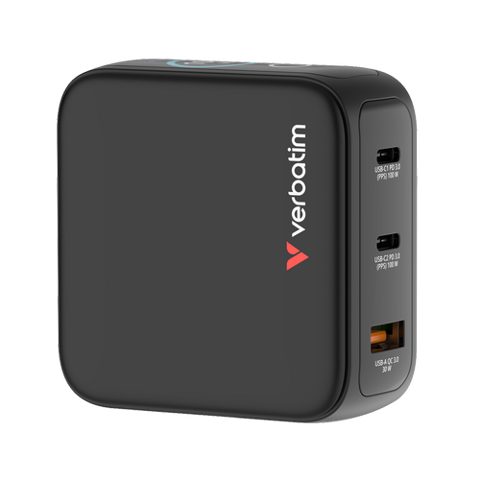 Incarcator retea mini GaN Verbatim 30239, 100W, Display, 2x USB-C PD 3.0/1x USB-A QC 3.0 (Negru)