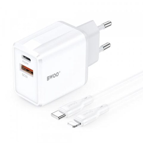 Incarcator Retea Cu Cablu Lightning BWOO CDA182, 38W, 3A, 1 x USB-A - 1 x USB-C (Alb)