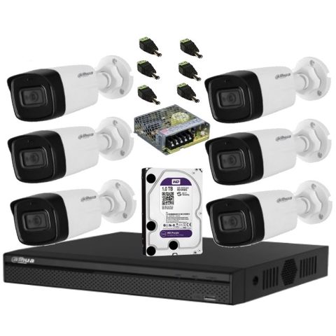 Sistem de supraveghere Dahua DH-6CEXT80MA-5MP HDCVI cu 6 camere de exterior de 5MP, 3.6mm, IR 80m, microfon