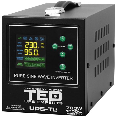 UPS pentru centrala termica (pe lemne / gaz) TED Electric 1000VA/700W TED006776, unda sinusoida pura, borne externe 12v, suporta acumulator Litiu/GEL