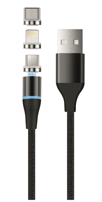 Cablu Incarcare USB-A - Lightning / microUSB / USB-C Setty Magnetic DT 3in1, 12.5W, 1m, Negru