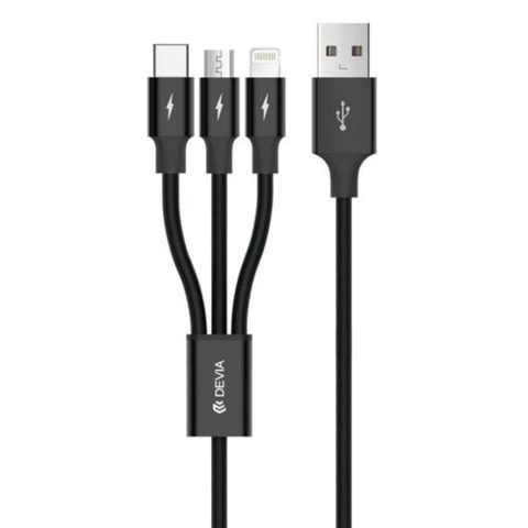 Cablu de date Devia Kintone Series 3 In 1 Tube, USB - Lightning/MicroUSB/USB-Type-C, 1.2m, Negru