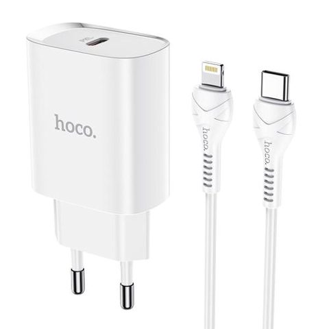Incarcator Retea HOCO N14, Quick Charge, 20W, 1 x USB-C + cablu Lightning, Alb