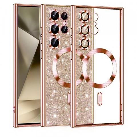 Husa MagSafe pentru Samsung Galaxy S24 Ultra S928, Techsuit, Luxury Glitter, Roz Aurie