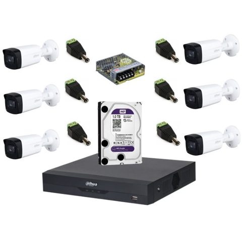 Sistem complet de supraveghere Dahua DH-6CEXT80M-5MPS HDCVI cu 6 camere de exterior de 5MP, IR 80m, Starlight, 16:9