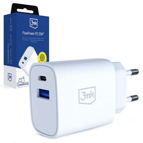 Incarcator Retea 3MK FlowPower, 25W, 1 x USB-A - 1 x USB-C (Alb)