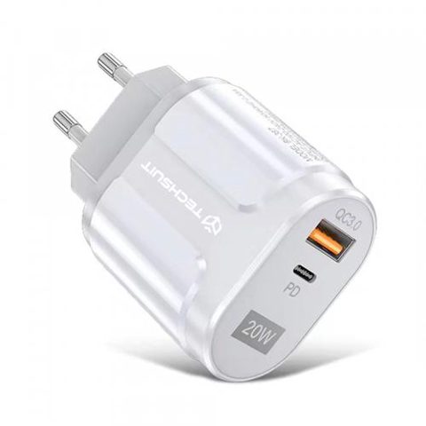 Incarcator Retea Techsuit Premium CHPD038, 20W, 3A, 1 x USB-A - 1 x USB-C (Alb)