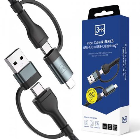 Cablu Date si Incarcare USB-A / USB-C - USB-C / Lightning 3MK Hyper N, 60W, 1.2m, Negru