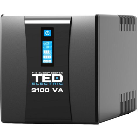 Ups 3100VA/1800W LCD TED Line cu stabilizator 3 iesiri schuko, repornire automata, 4x 9,6Ah TED004673