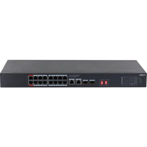 Switch 20 porturi Gigabit Dahua S3220-16GT-190, Unmanaged, 16xPoE, 2x uplink, 2x SFP 1000 Mbps, HiPoE, Watchdog