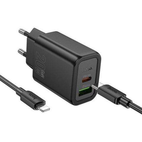 Incarcator Retea Cu Cablu USB-C HOCO N61, 20W, 3A, 1 x USB-A - 1 x USB-C (Negru)