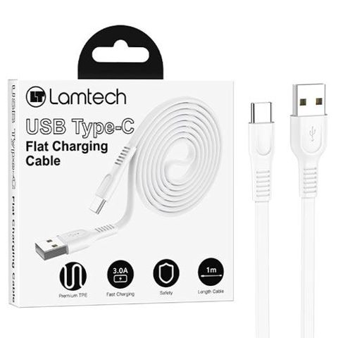Cablu Date si Incarcare Lamtech, USB la Type-C, Plat, 3A, 1m, Alb