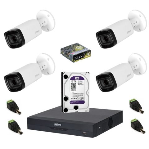 Sistem complet de supraveghere Dahua DH-4CEXT60M-5MP HDCVI cu 4 camere de exterior de 5MP, IR 60m, zoom motorizat 2.7-12mm, microfon
