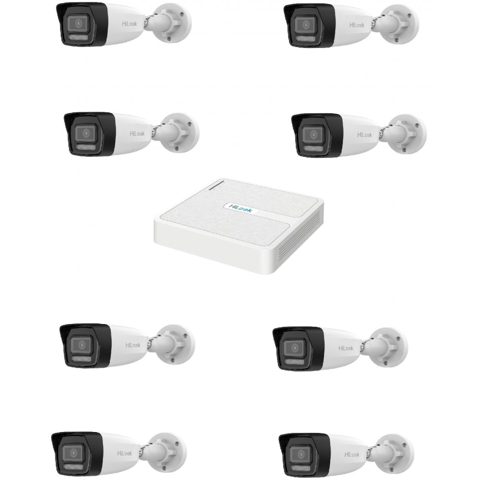 Kit NVR 8 canale POE cu 8 camere IP 4MP, lentila 2.8mm, Dual light 30m, microfon, PoE, IP67