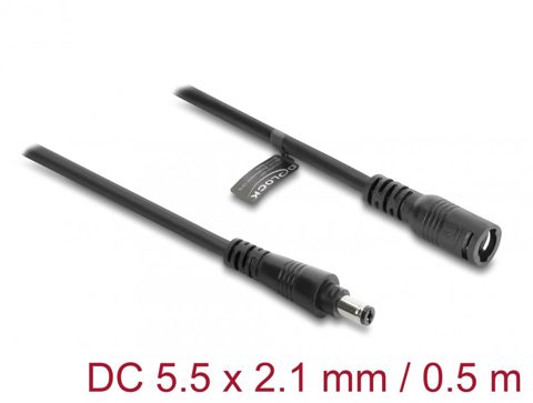Cablu prelungitor alimentare 5.5 x 2.1mm cu blocare T-M 0.5m Negru, Delock 67388
