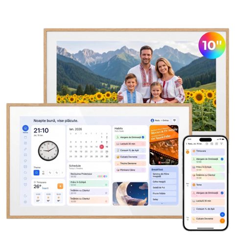 Tableta cu functie Hub Familial Inteligent Blackview NEST 10, Procesor Quad-Core, Ecran HD+ 10.1inch, 2GB RAM, 32GB Flash, Rama Foto, Smart Calendar, Sincronizare Google / iCloud / iFrameo, MicroSD, Difuzor, Lemn Natural