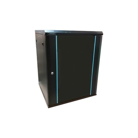 Rack 12U 600x450 DATEUP RAL 9004, dezasamblat, montare pe perete, usa din sticla, panouri laterale detasabile si securizate