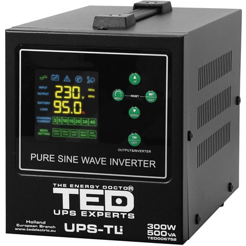 UPS pentru centrala termica (pe lemne / gaz) TED Electric 500VA/300W TED006752, unda sinusoida pura, borne externe, suporta acumulator Litiu / Pb Acid