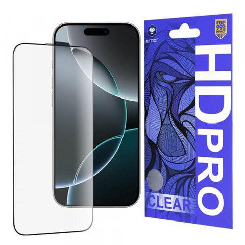Folie de protectie Ecran Lito HD Pro Clear pentru Apple iPhone 16 Pro, Sticla Securizata, Full Glue (Transparent/Negru)