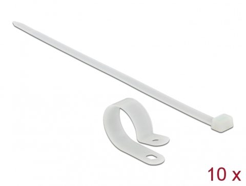 Set 10 bride L 300 x W 7.2 mm + 10 cleme montare 25.4 mm Alb, Delock 18875